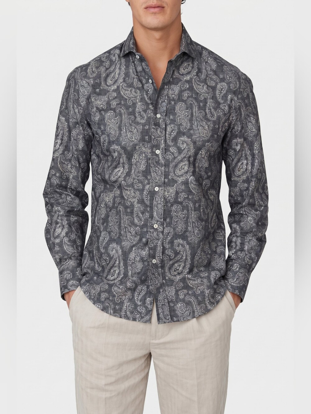 Brunello Cucinelli Navy Paisley Cotton Button-Down Shirt